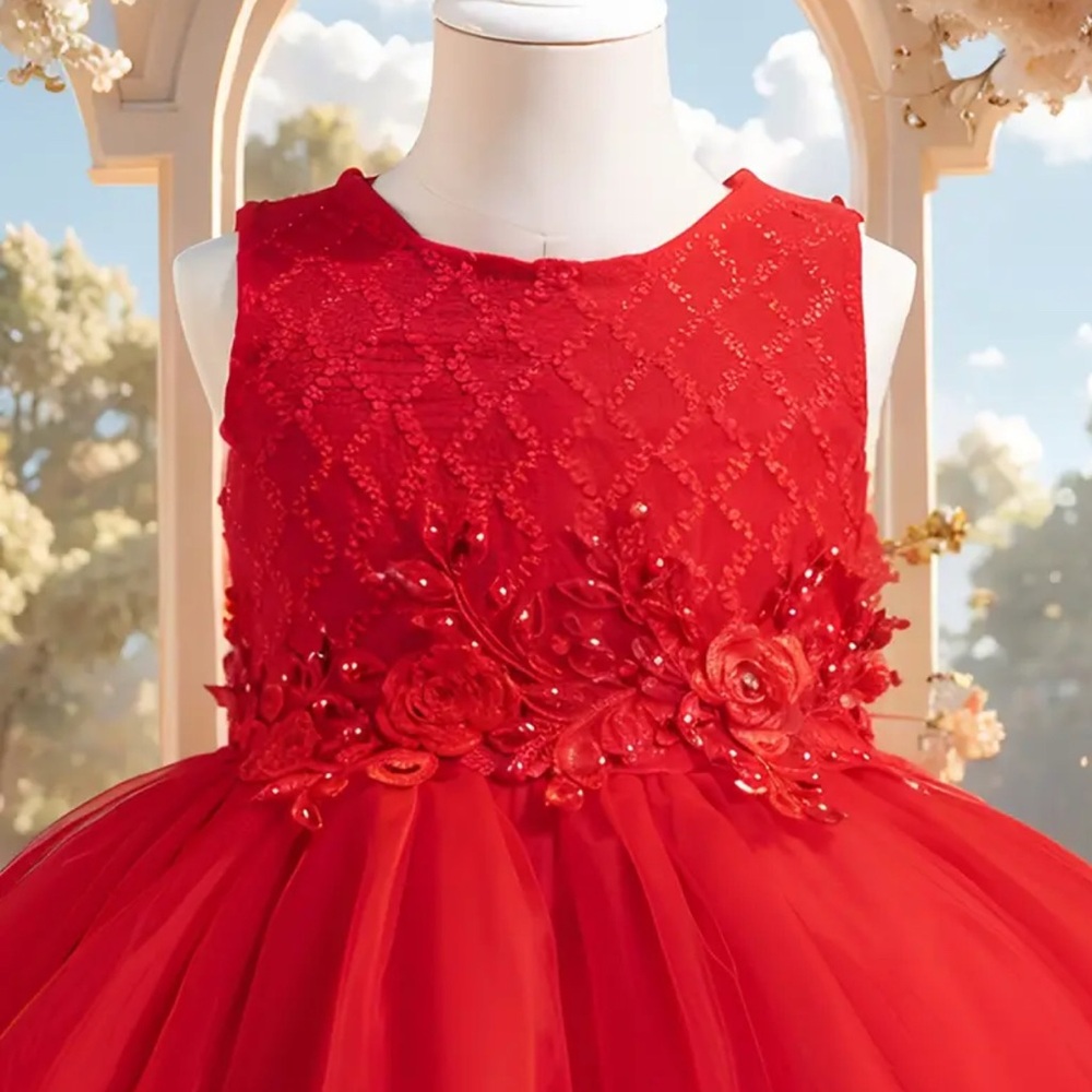 Elegant Handmade Red Lace Kids Formal Dress - Picture 4 of 6